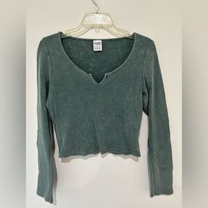 PINK Victoria's Secret Long Sleeve Ribbed Waffle Knit Top in Teal Green